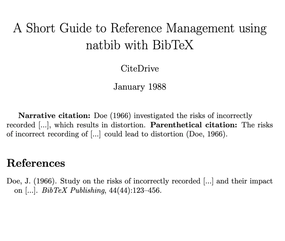 Esempio di output della gestione delle referenze usando natbib con BibTeX