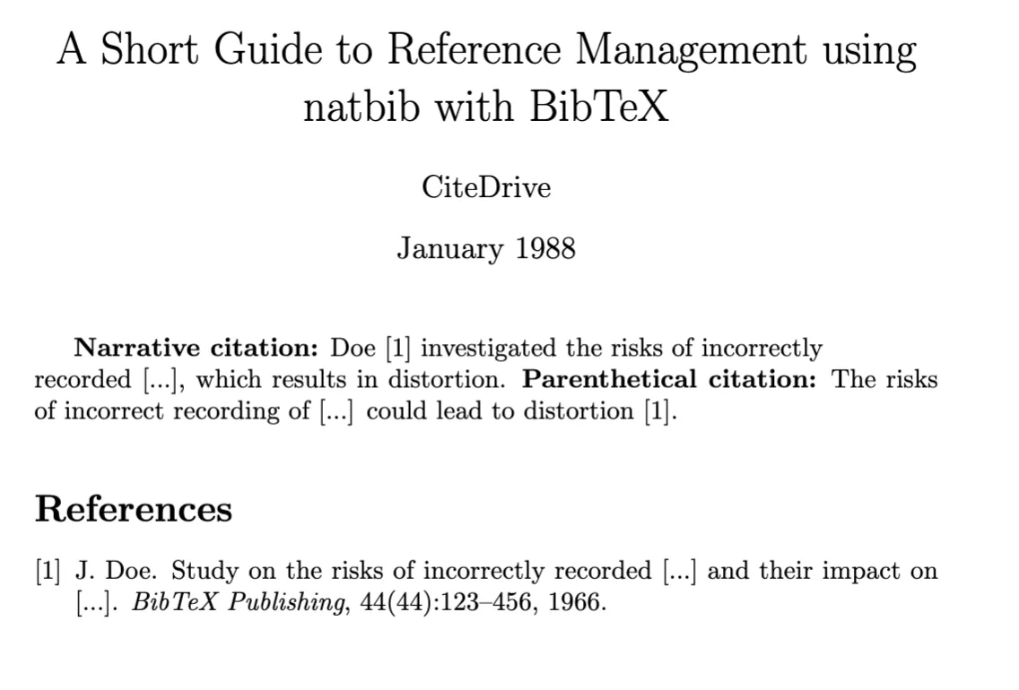 Output example of reference management using natbib with BibTeX in numeric style